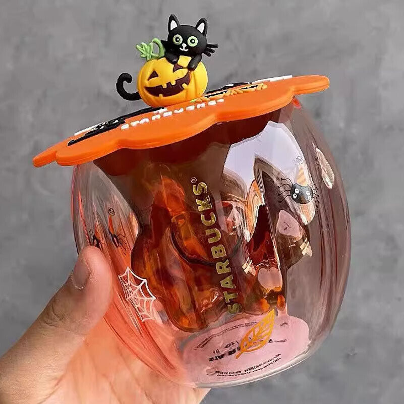 Halloween Starbucks Pumpkin Cat Paw Double Layers Glass Cup With Cover Lid