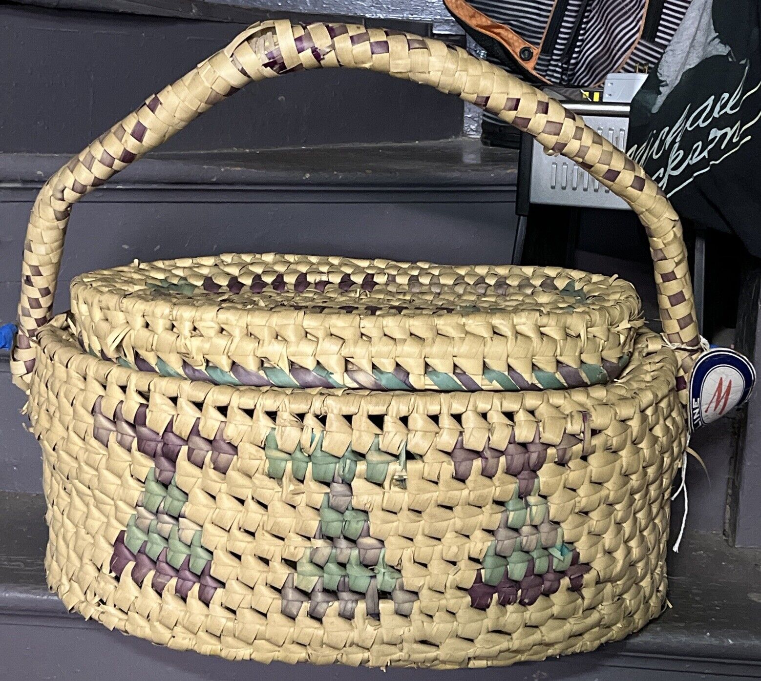 ANTIQUE Salish Native American Indian Travel Basket W/ Lid LARGE 25x13x15 Inch