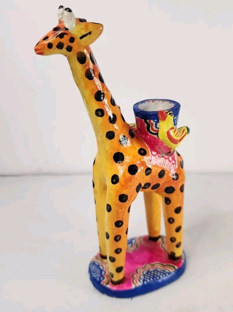 Vtg Mexican Pottery Tree of Life Giraffe w/ Birds Candle Holder Animal Folk Art