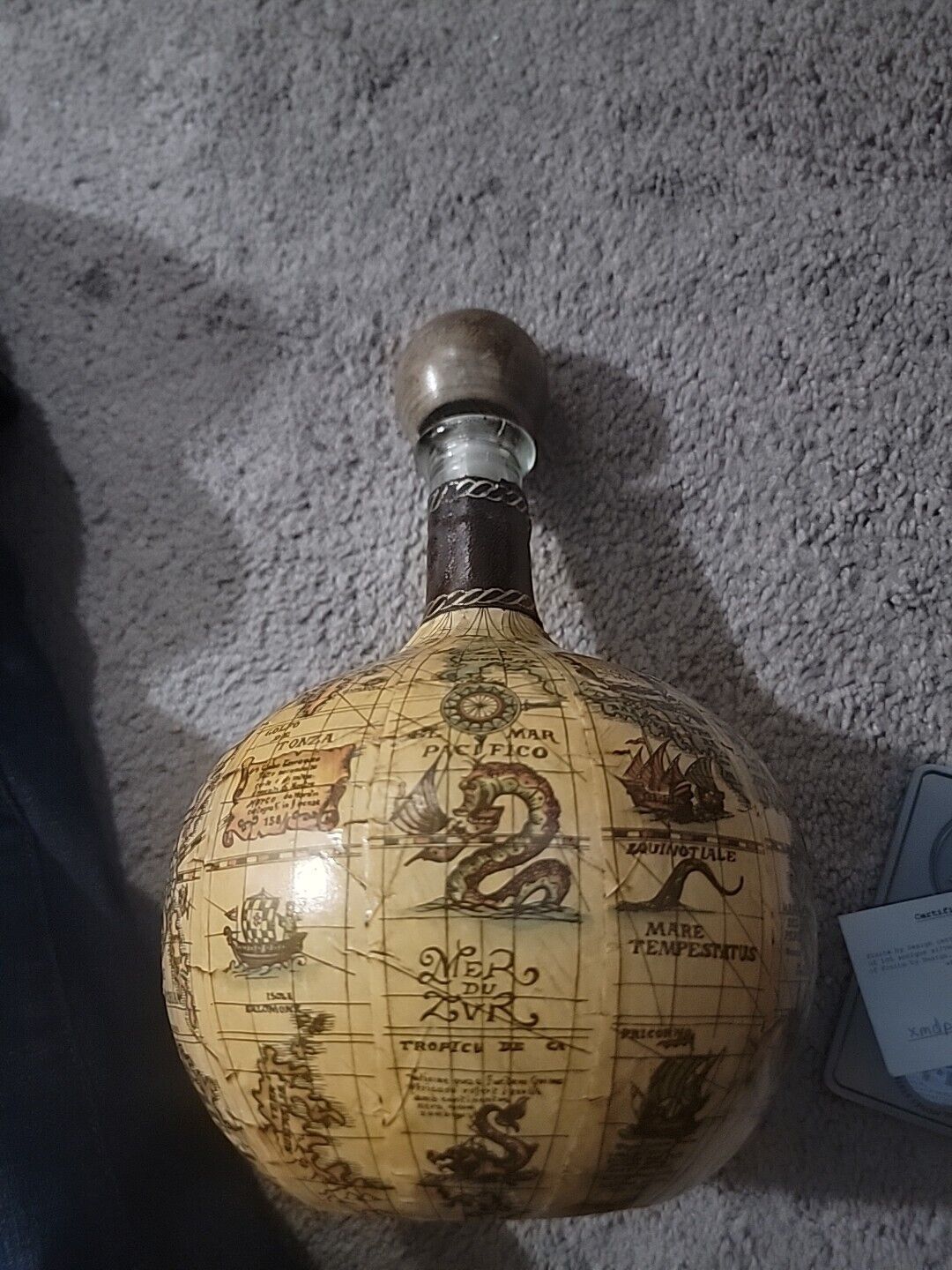 Vintage Leather Wrapped Decanter Wine Bottle Globe Map Italy