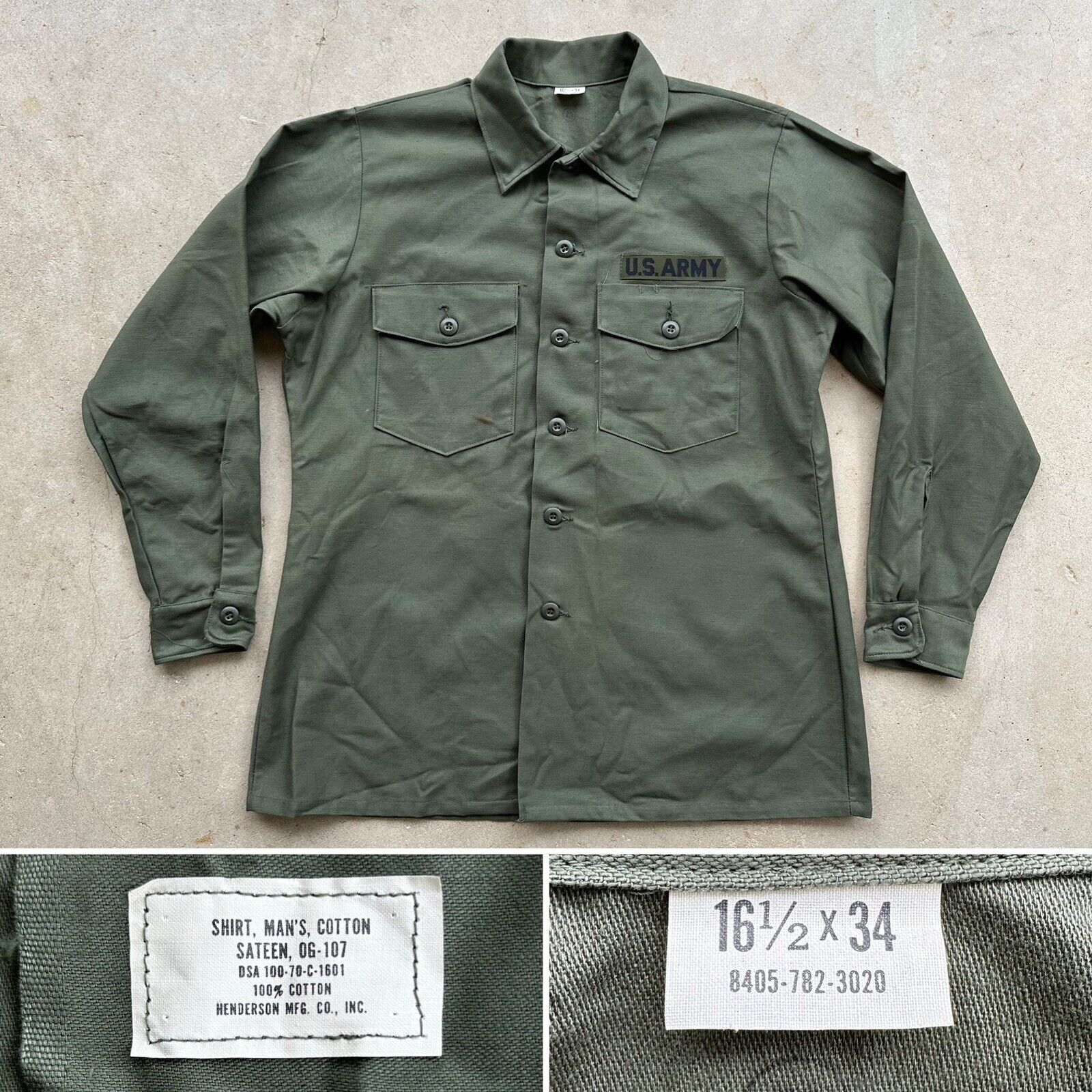 NOS 1970 Vtg US Army 16.5 X 34 OG-107 Sateen Cotton Utility Shirt 70s Deadstock
