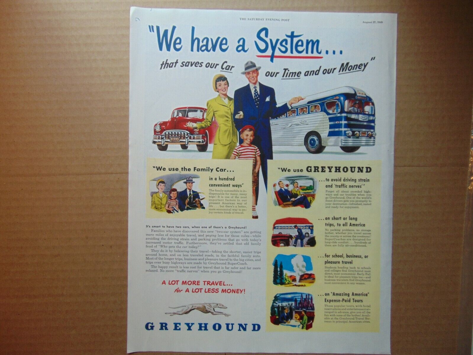 1949 GREYHOUND BUS Family Travel System vintage art print ad