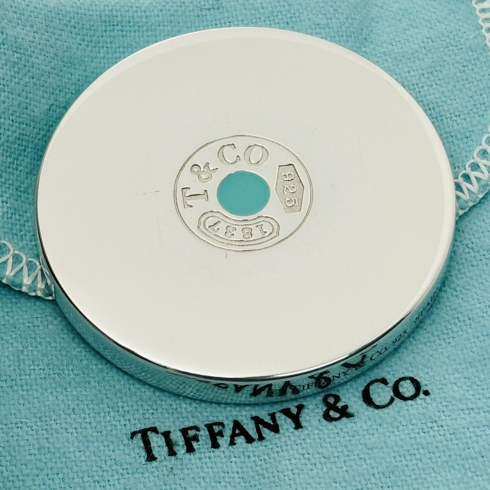 Tiffany & Co 1837 Compact Round Purse Mirror in Blue Enamel and Sterling Silver