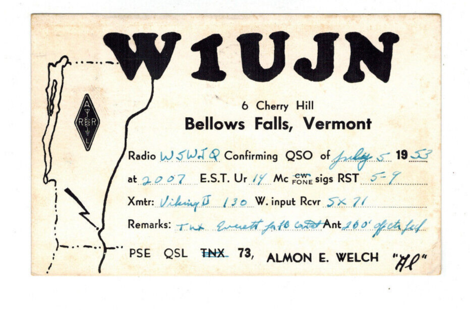 Ham Radio Vintage QSL Card    W1UJN   1953   Bellows Falls, Vermont