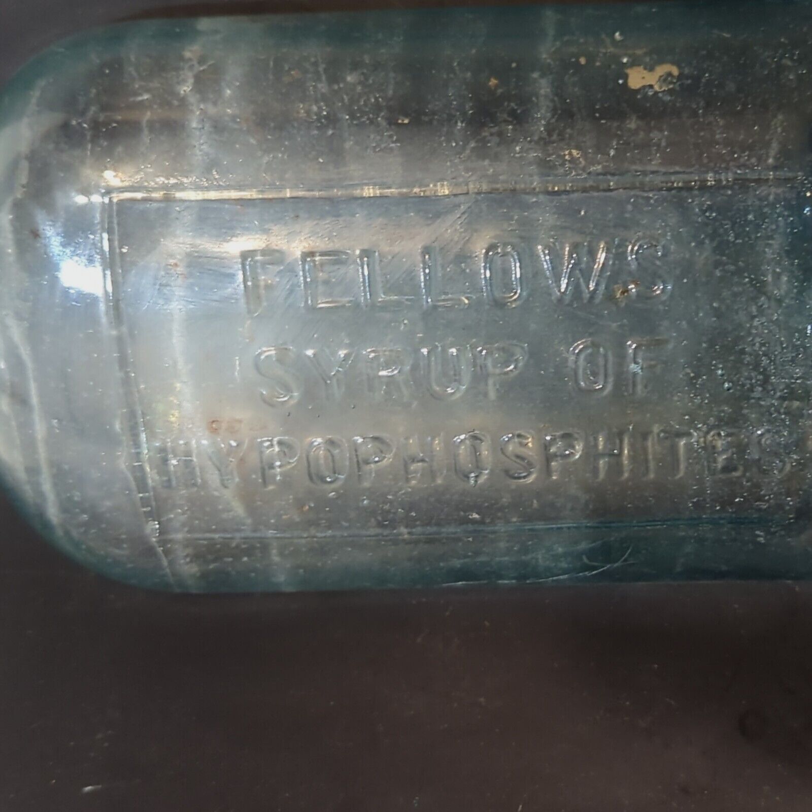 Antique 1870\'s drug aqua~FELLOWS SYRUP OF HYPOPHOSPHITES hinged mold, good,8\