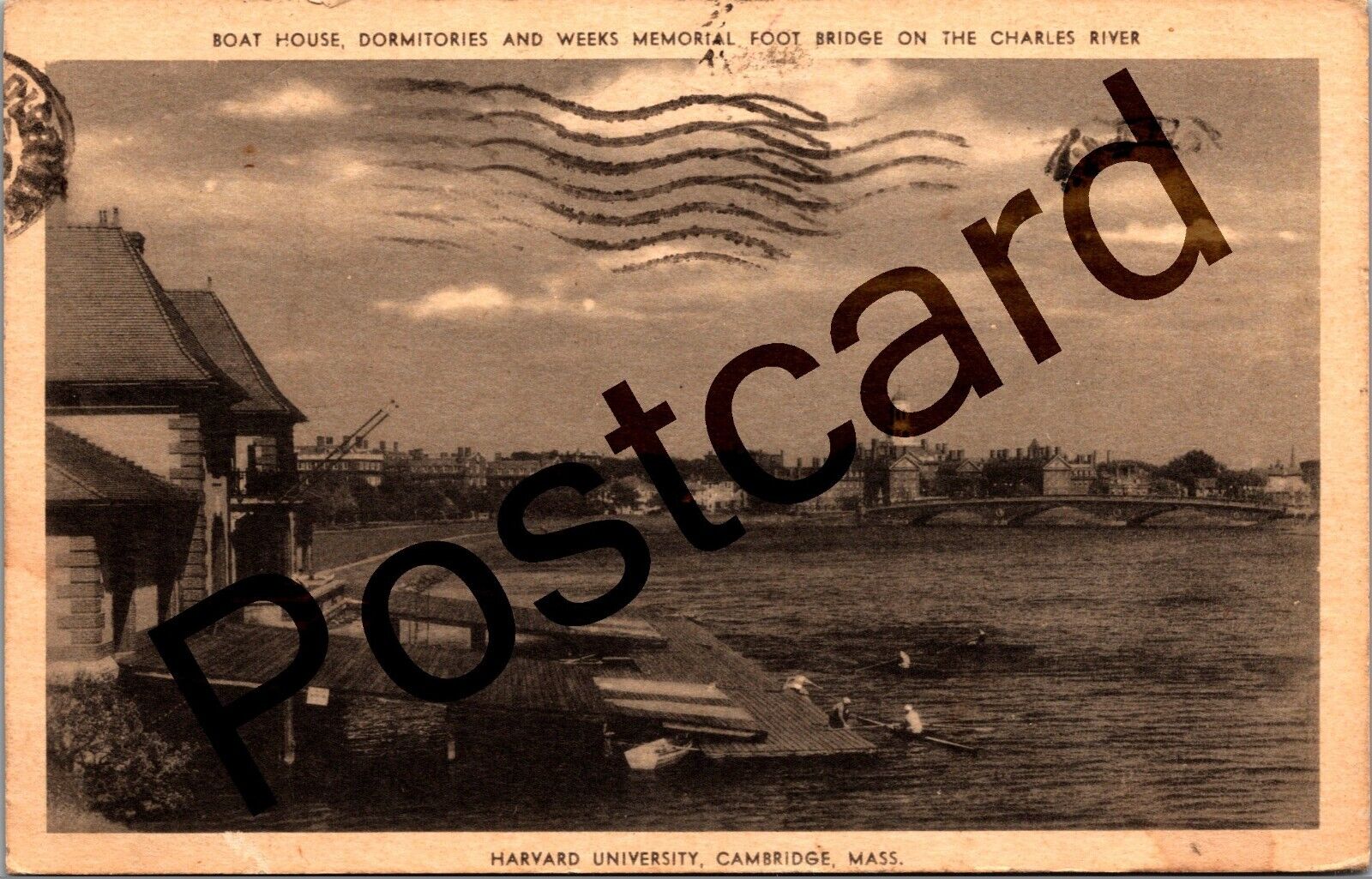 1943 WWI HARVARD UNIVERSITY, Boat House, Dormitories, foot bridge postcard jj136