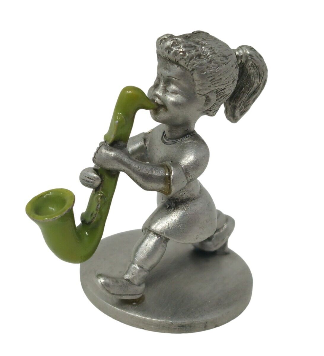 Vintage Charisma Pewter Girl Playing Saxophone Green Enamel Rare