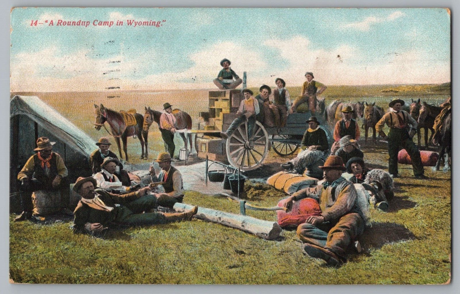 Postcard A Roundup Camp in Wyoming - Men Horses Wagon Camp c1909