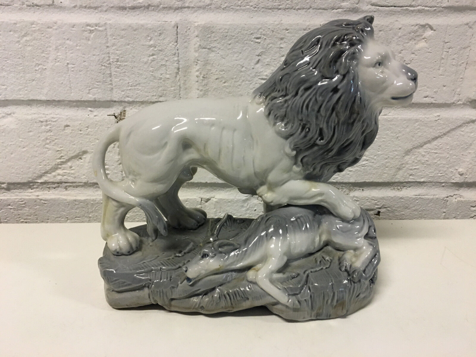 Vintage Likely European Ceramic Figurine of Lion w/ Paw Over Antelope Prey