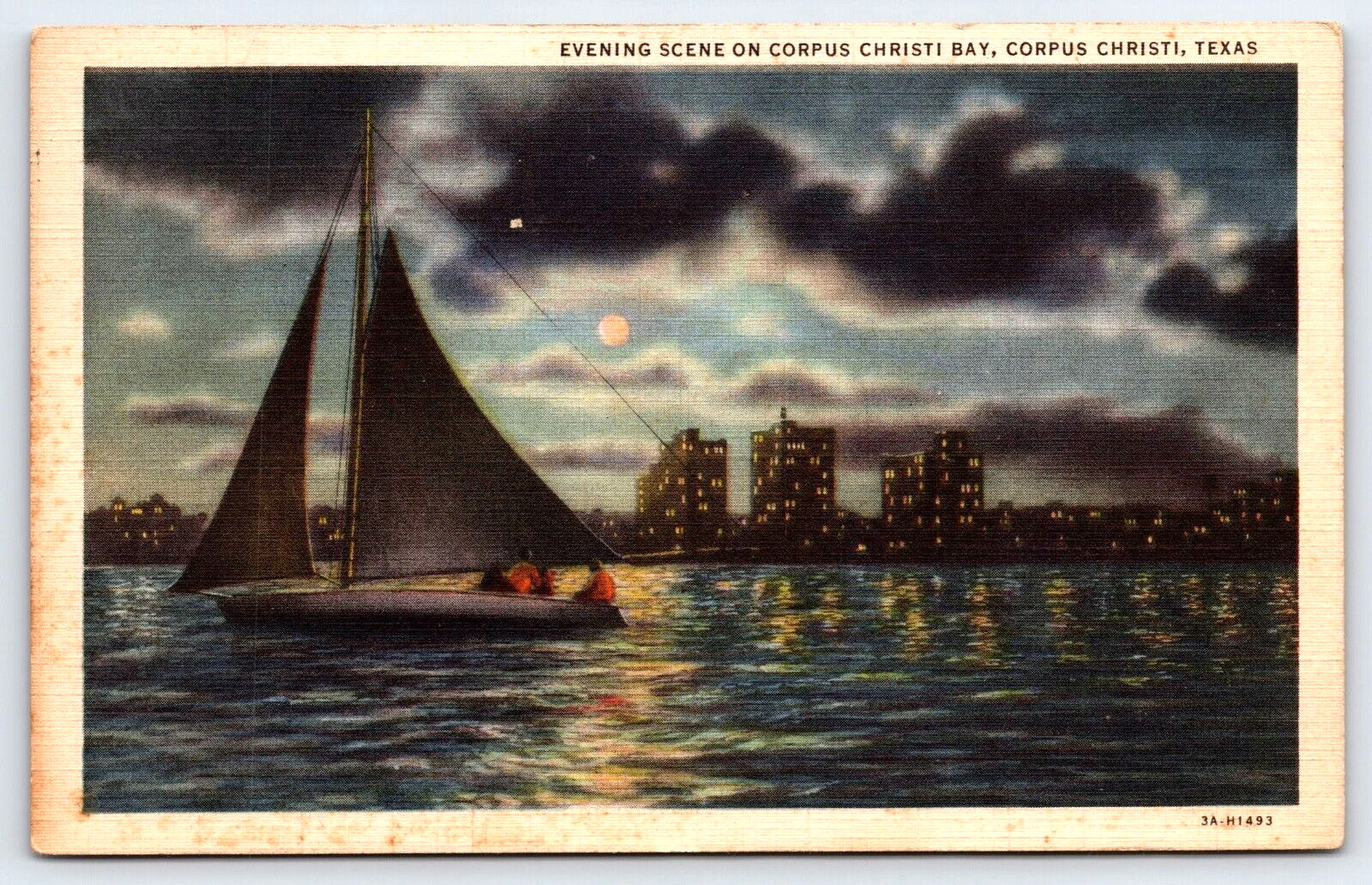 Original Old Vintage Antique Postcard Boat Bay At Night Corpus Christi Texas