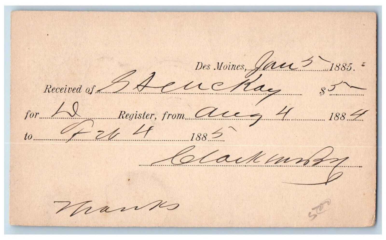 Des Moines Iowa IA Clarion IA Postal Card Received of Shuckay 1885 Antique