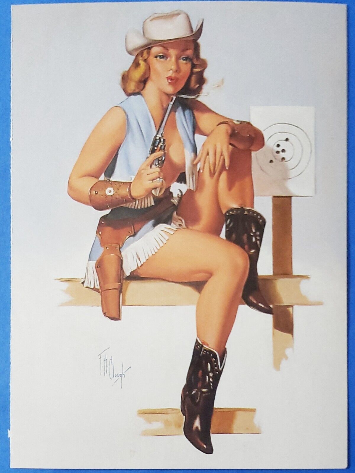 Postcard Blonde Cowgirl with Gun Illustrated Pinup Girl, Forest Clough