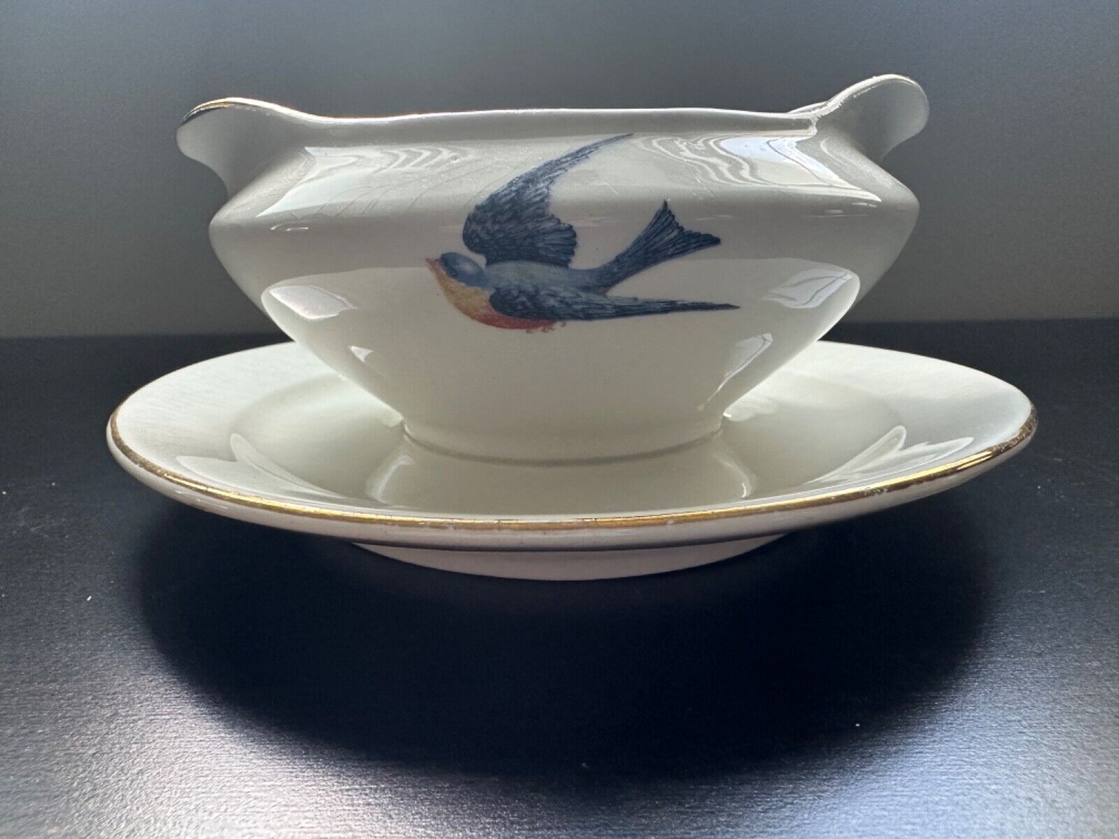 Antique Vintage Bluebird Blue Bird Canonsburg China Gravy with Attached Plate
