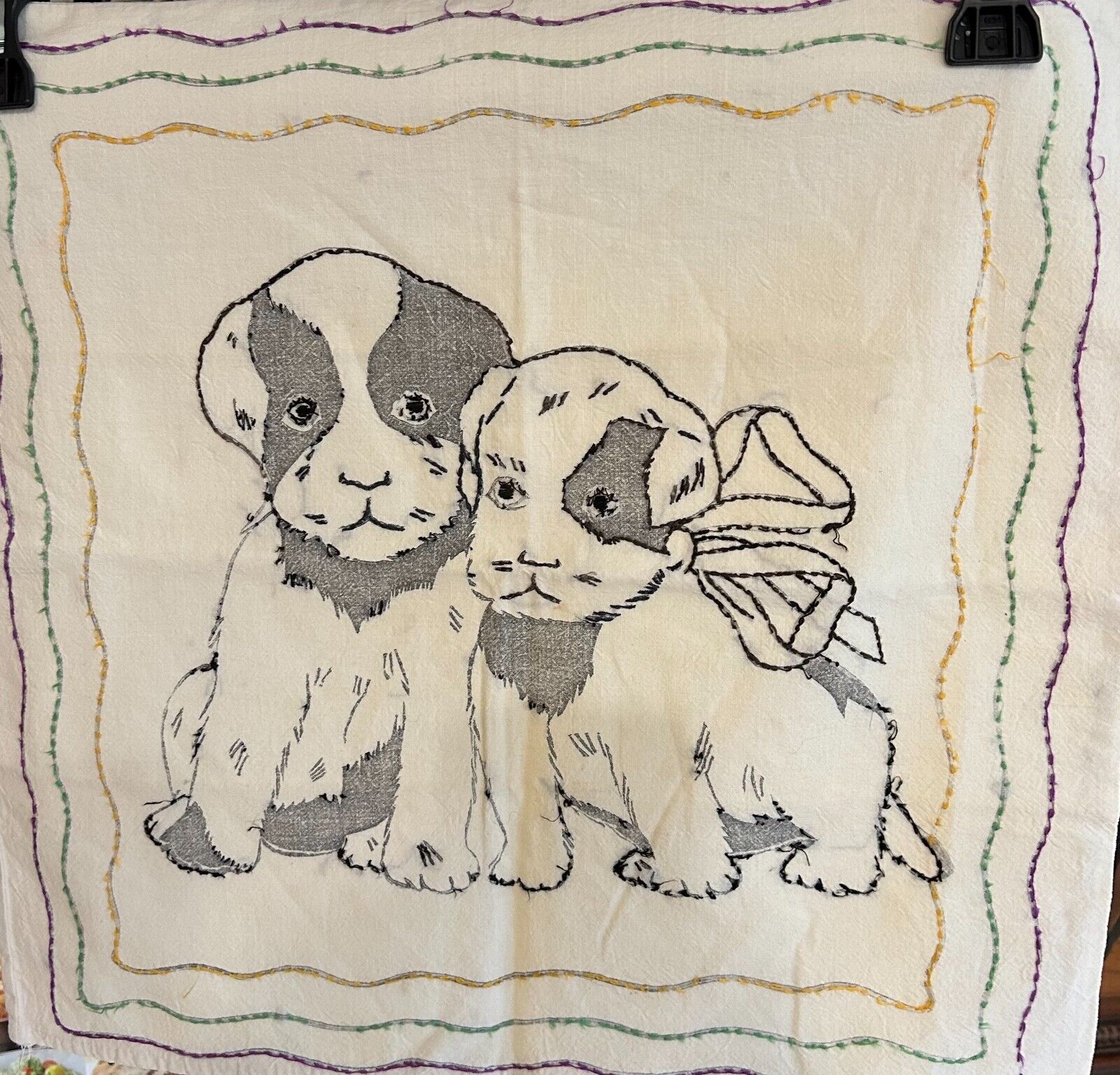 Vintage Embroidered Pillowcase Dogs Puppies