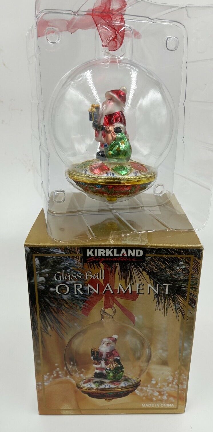 Kirkland Glass Ornament Ball Santa Claus W/Box Lots of detail