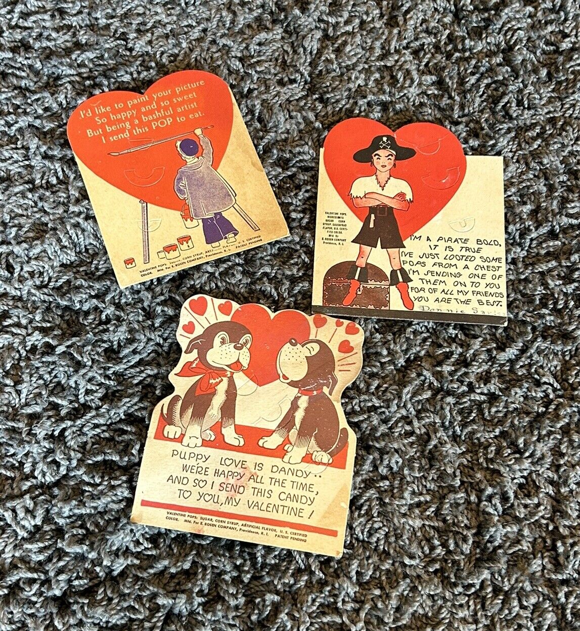 3 Vintage 1940\'s E. Rosen Valentine Cards w/Holes for Lollipops - Signed Backs