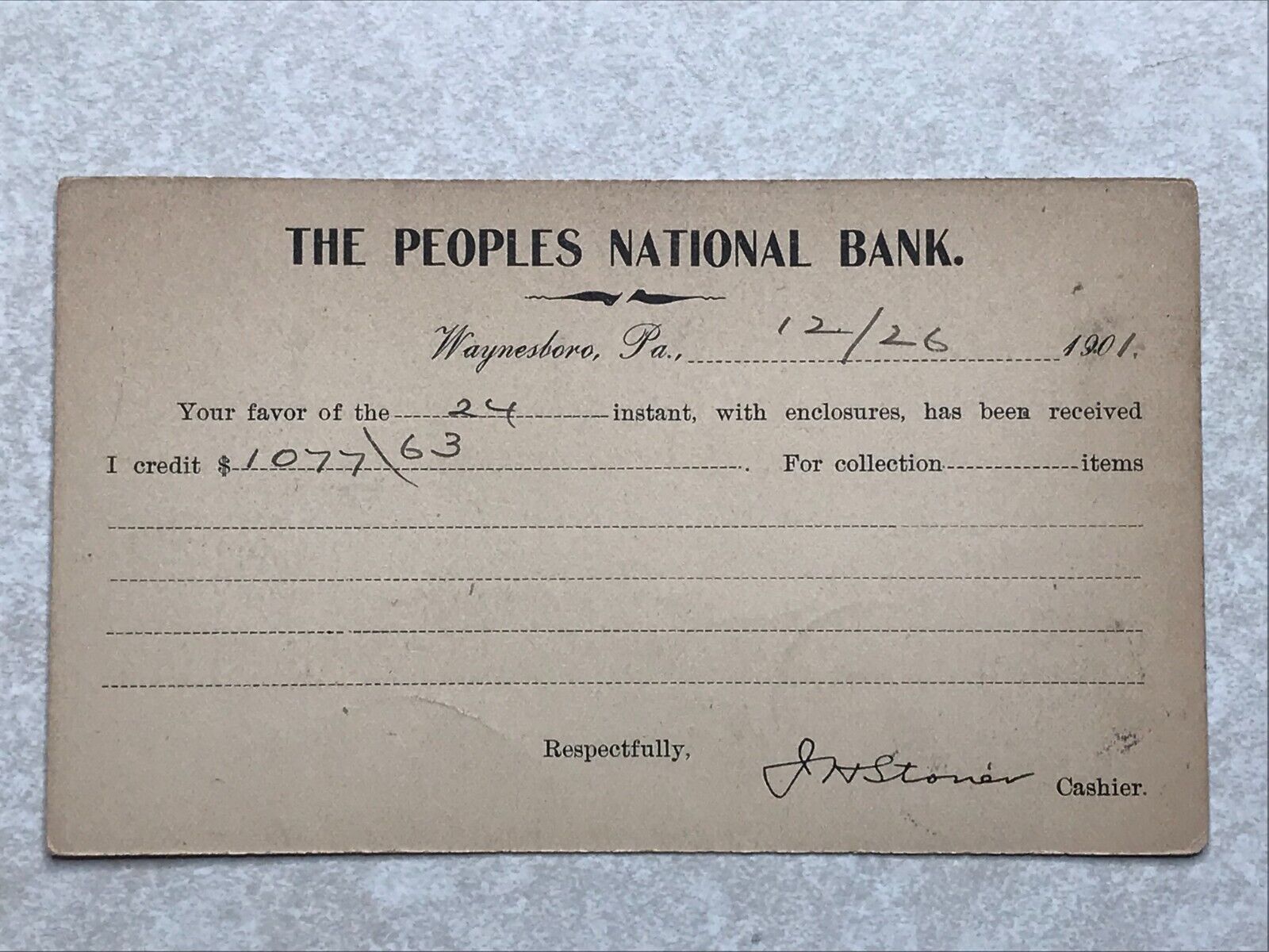 A282 Postcard Postal Card The Peoples National Bank Waynesboro PA 1901 Pennsylva
