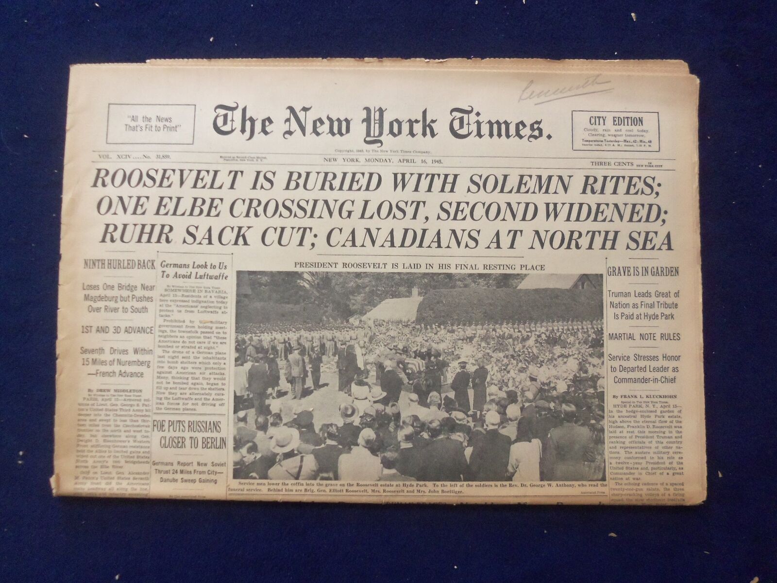 1945 APRIL 16 NEW YORK TIMES - ROOSEVELT IS BURIED WITH SOLEMN RITES - NP 6475