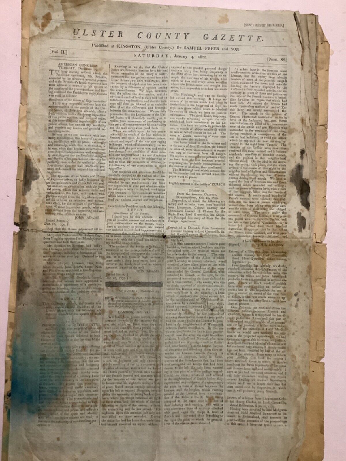 GEORGE WASHINGTON memorial, John Adams Congress 1800 Newspaper