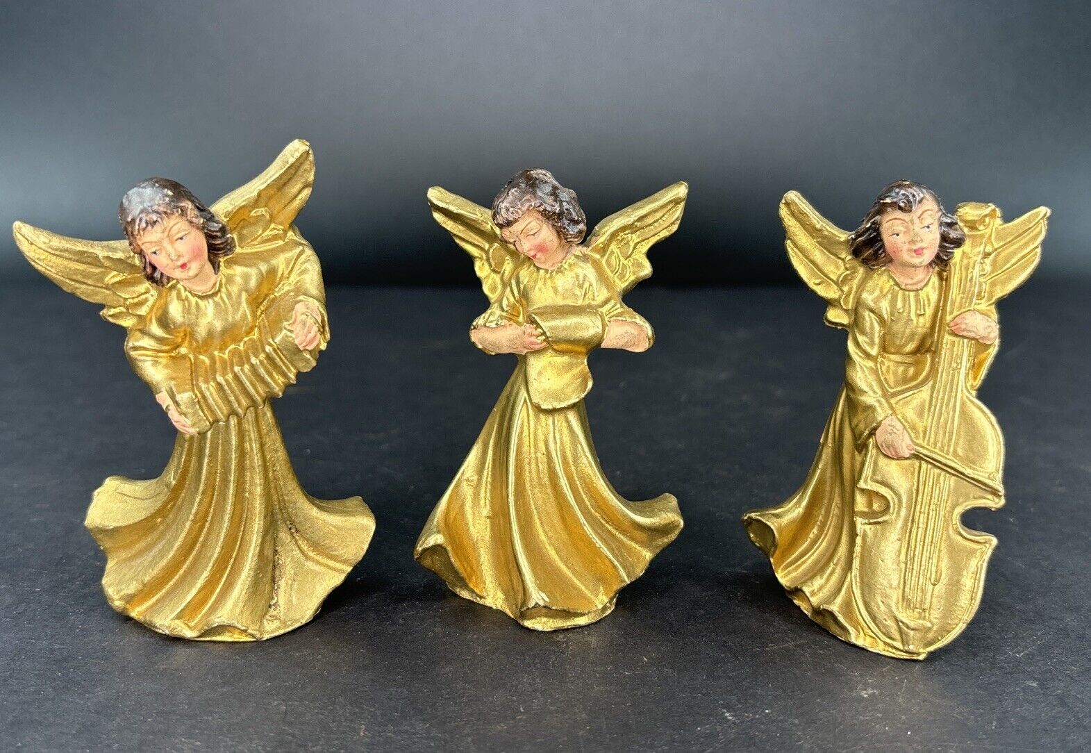 3 Vintage Angels w/instruments Gold Tone Hand Painted Christmas Ornaments ITALY