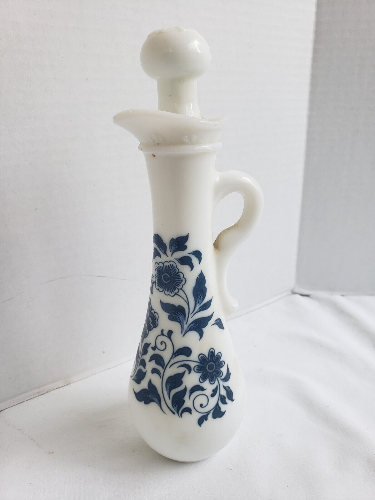 Vintage Avon Delft Blue Milk Glass Cruet Vase Tall Bottle Stopper Empty Pitcher