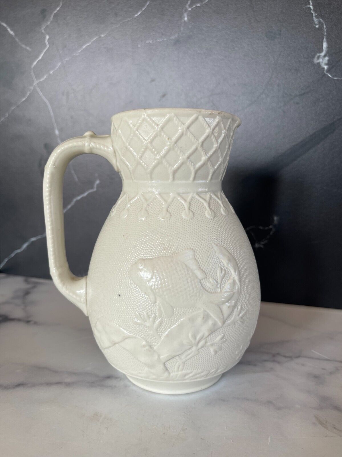 Antique English 19th Century Cream Drabware Pitcher Salt Glaze Ceramic HUDSON
