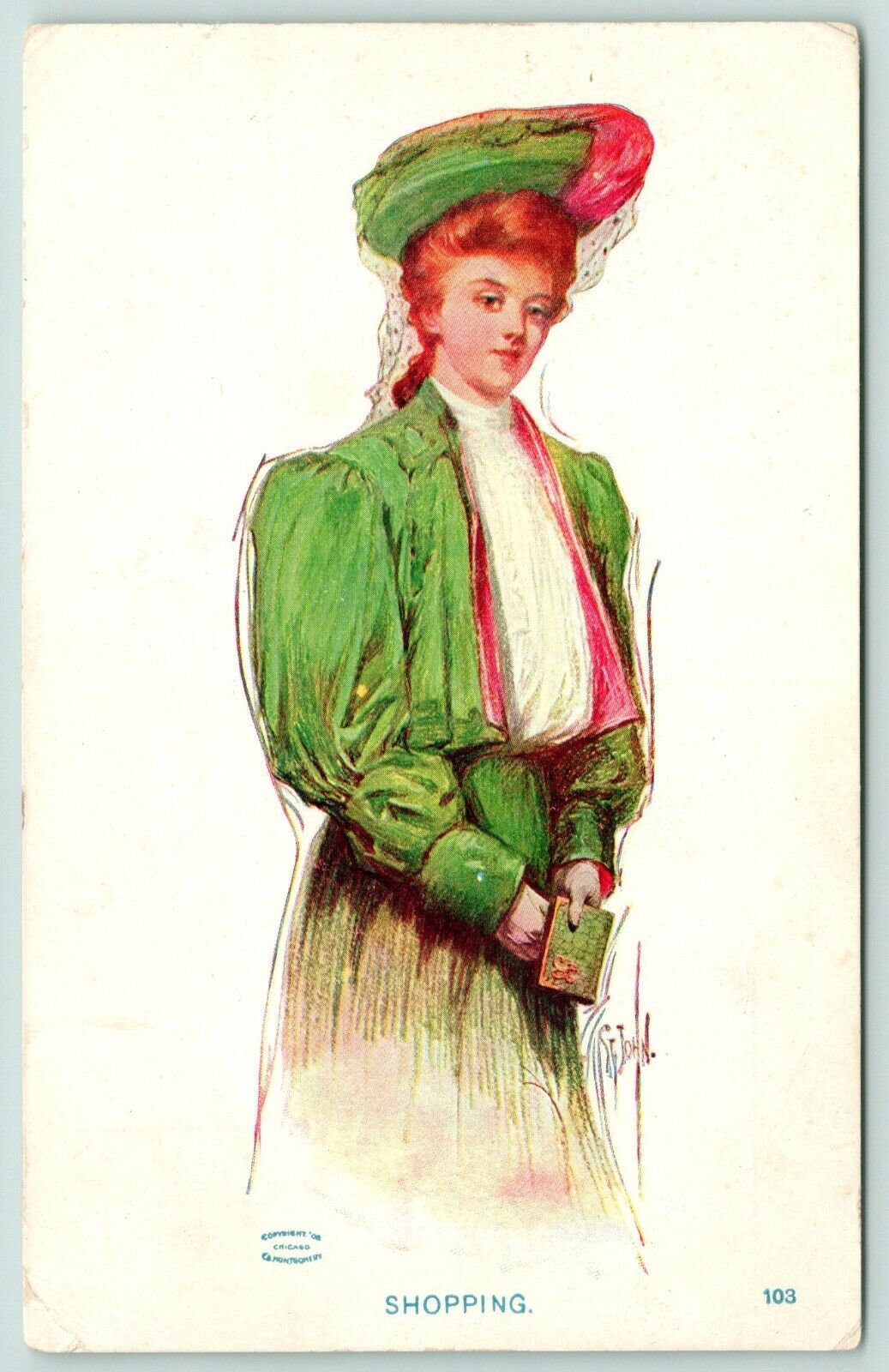 St John~Shopping~Lovely Lady Redhead in Green & Pink~White Ruffles~Wallet~1906
