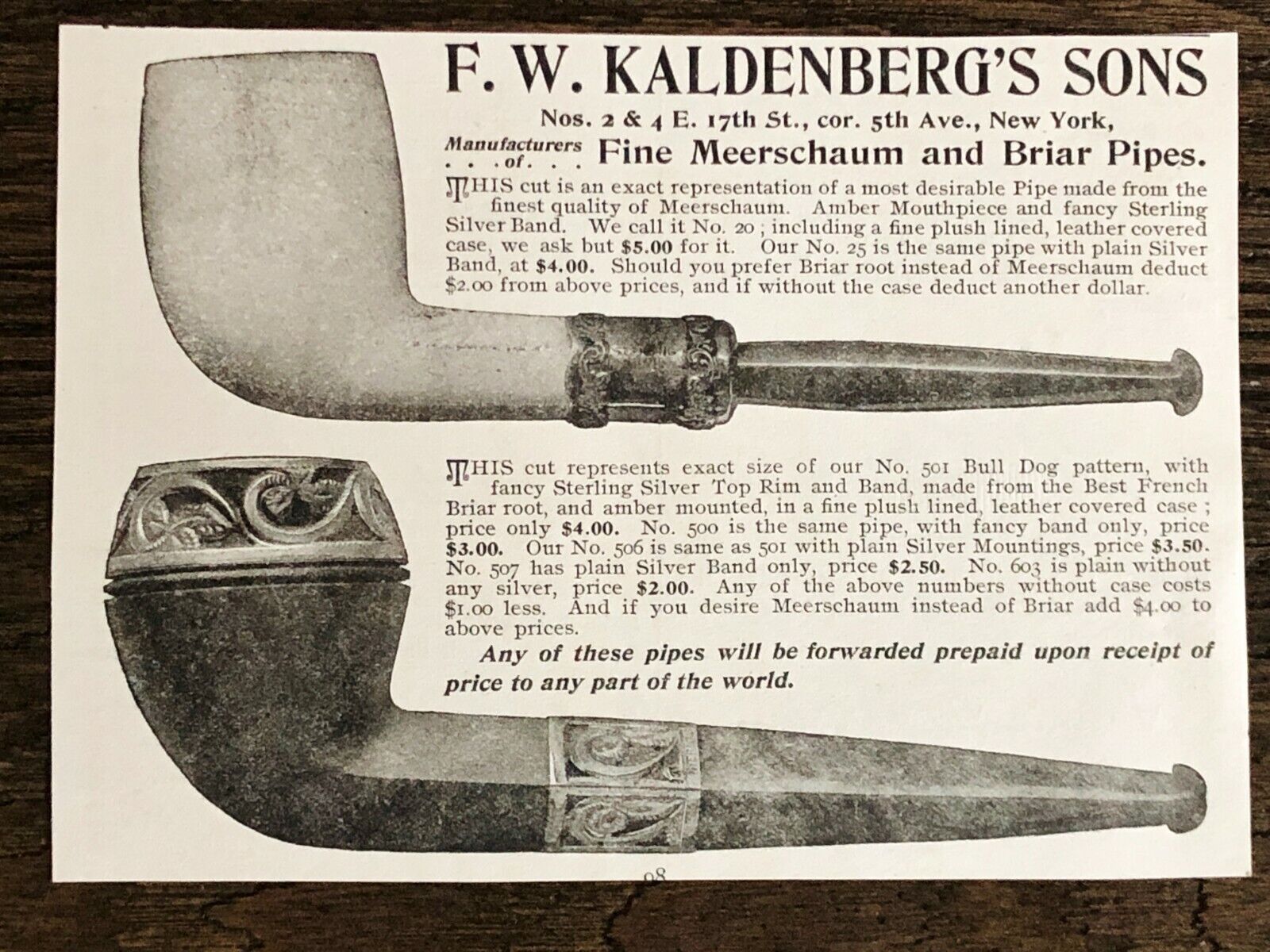 c1890s F.W.KALDENBERG\'S SONS Vtg Print Ad Lot~Fine Meerschaum&Briar Smoke Pipes