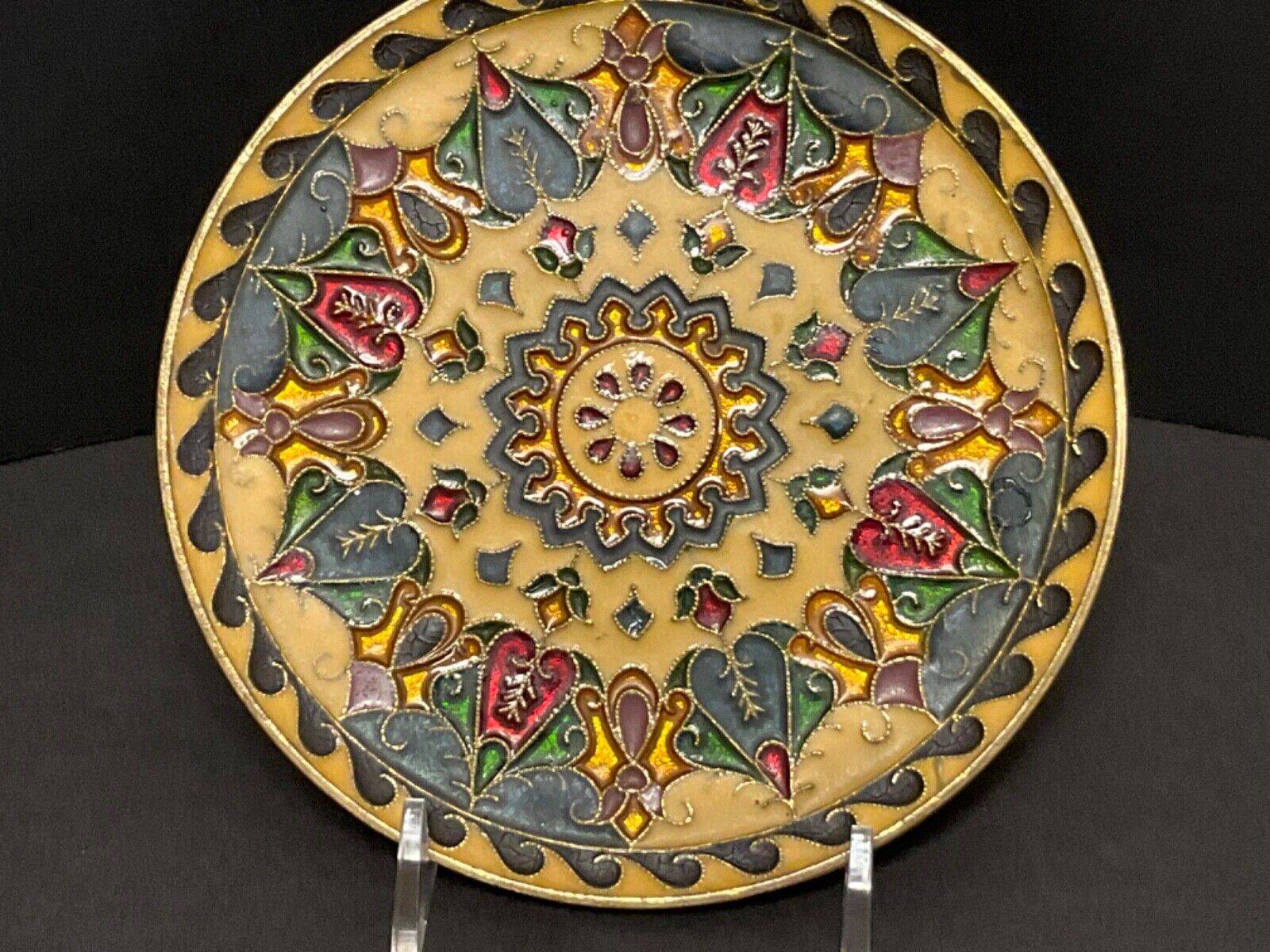 Moroccan Brass Inlaid Enamel Cloisonne Decorative Wall Plate 5.75 Diameter 1960s