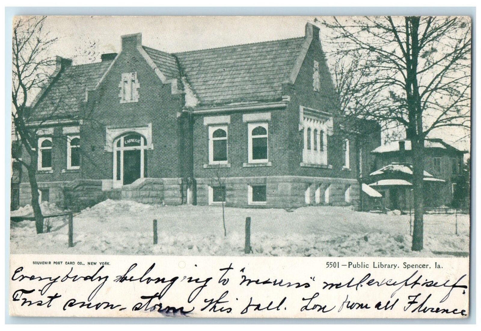 1905 Public Library Exterior Roadside Trees View Spencer Iowa IA Posted Postcard