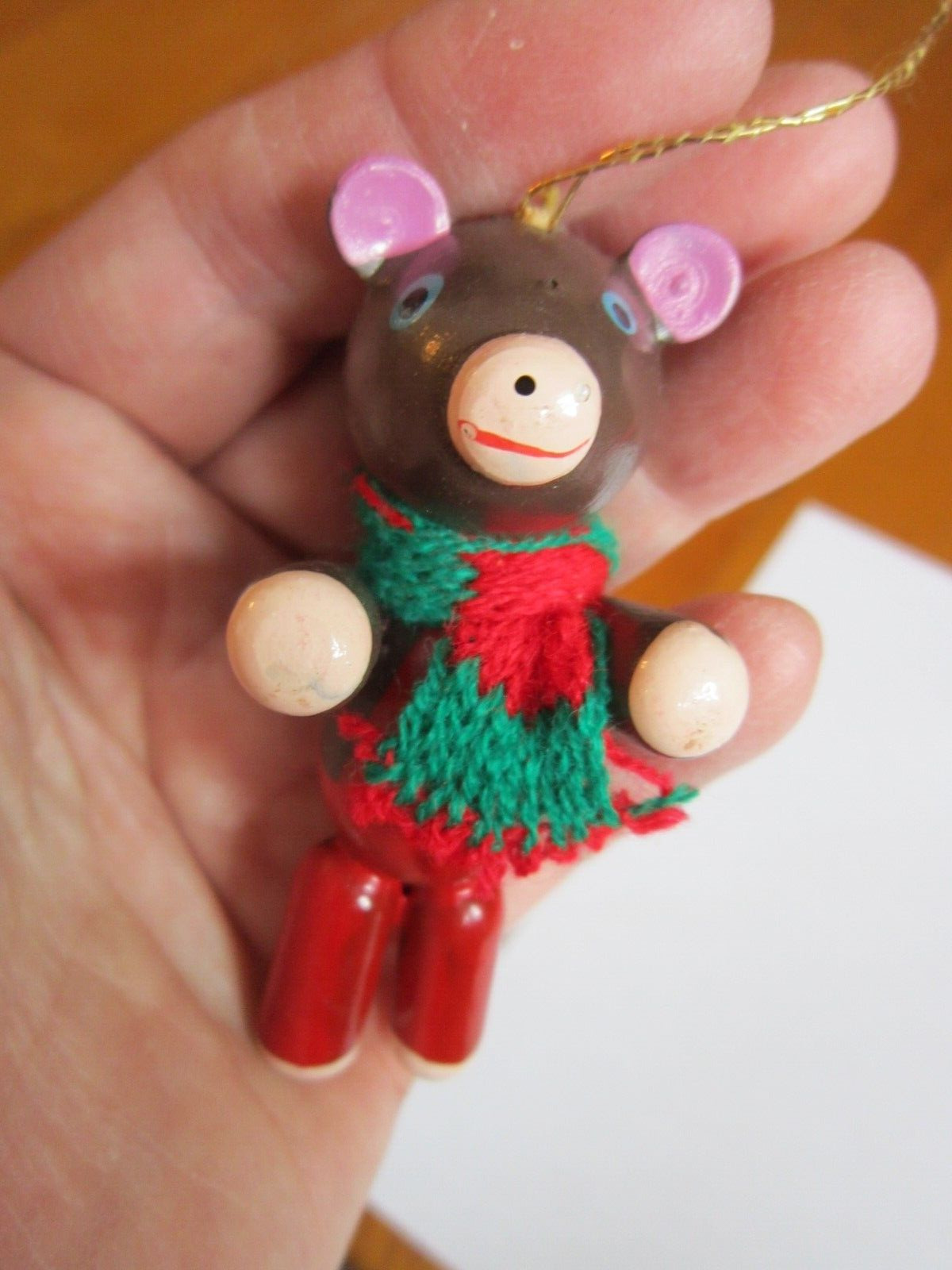 Vtg Christmas Wood Teddy Bear Scarf Ornament Small 3\
