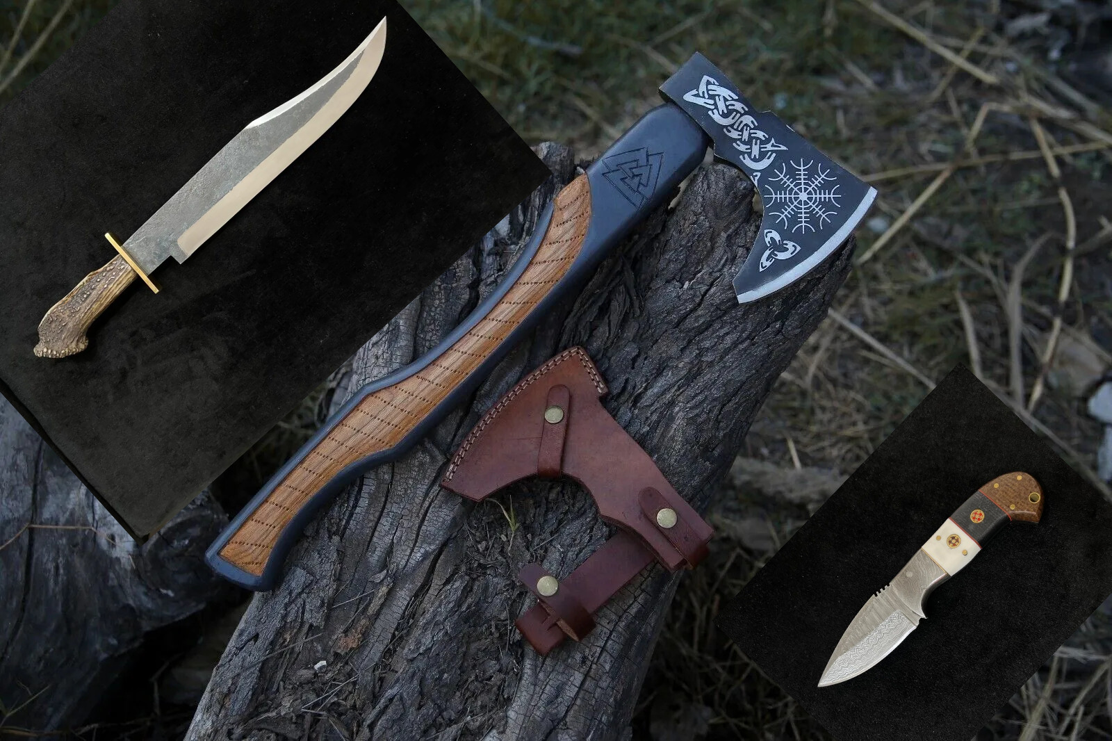 3pcs Set Handmade Viking Axe Bowie & Skinner Knife For Hunting Hiking & Camping