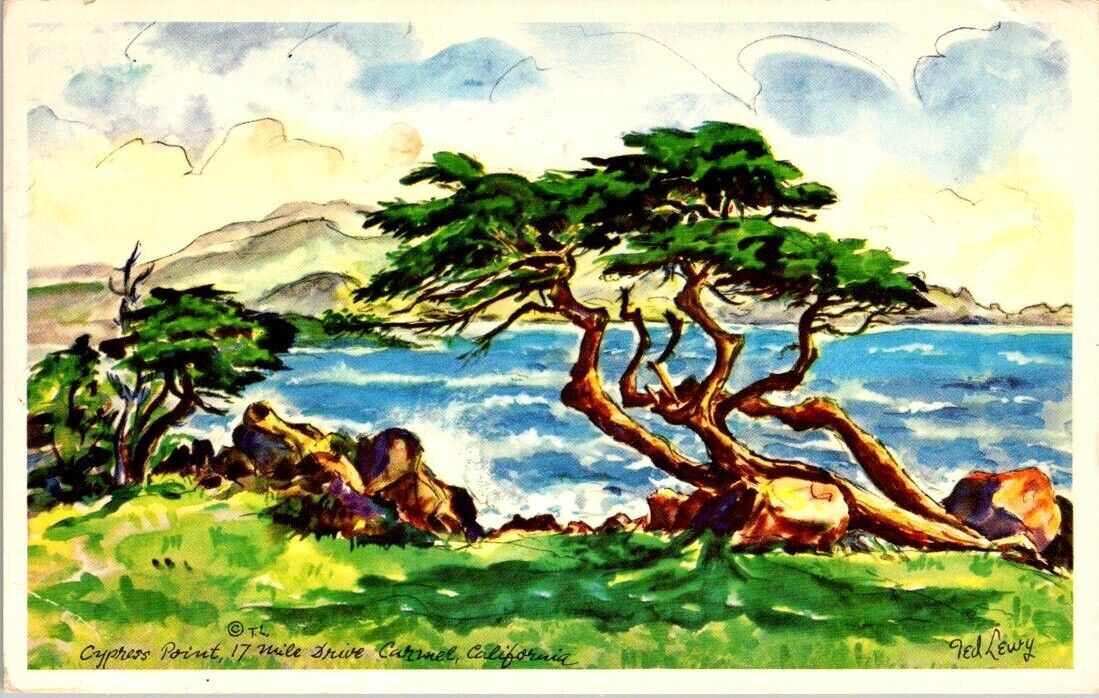 Vintage Postcard - TED LEWEY sig. Cypress Point, Carmel, California posted 1954