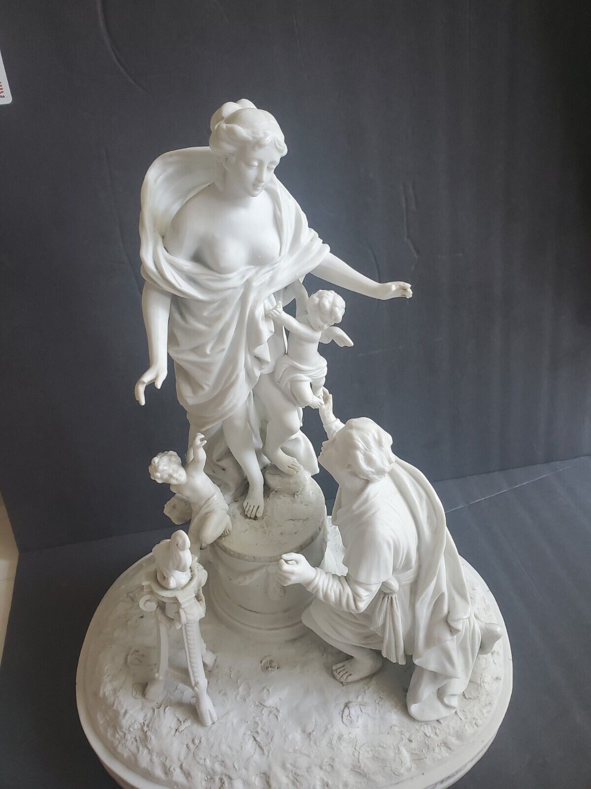 Antique Sevres Style Bisque Porcelain Classical Figural Group w Cherubs H 14\