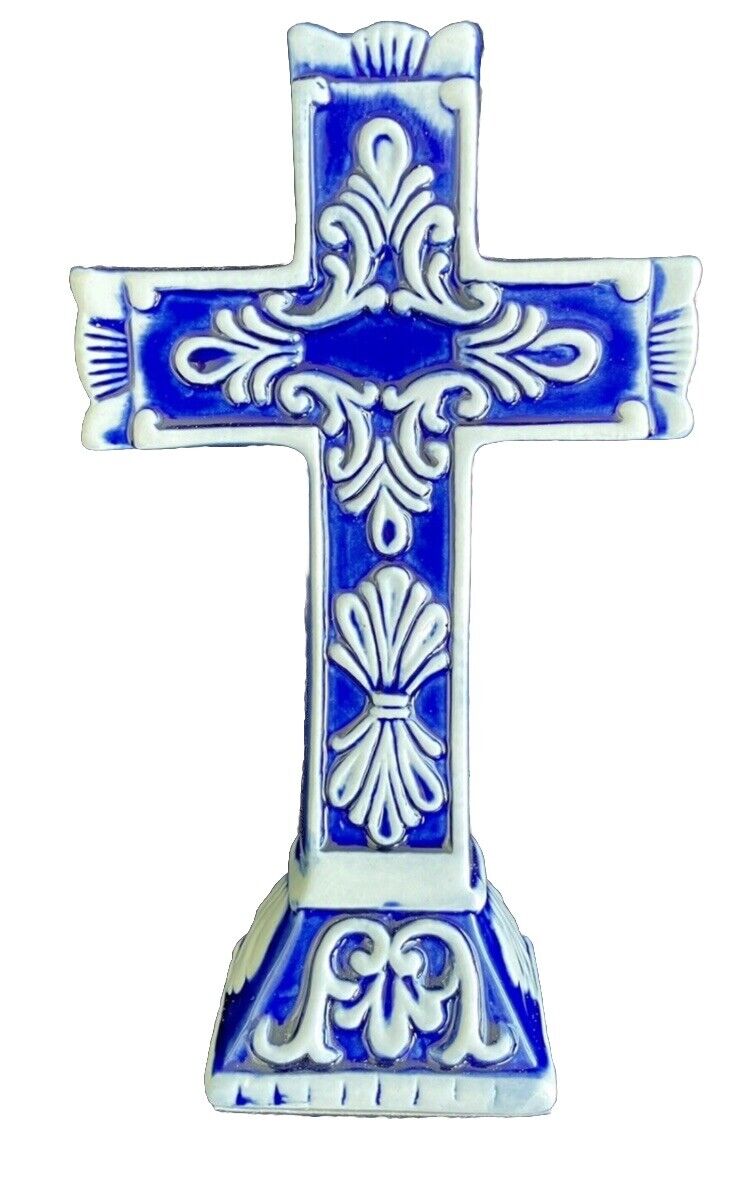 6.75” Cobalt Blue Ceramic Standing Cross W White Detail 