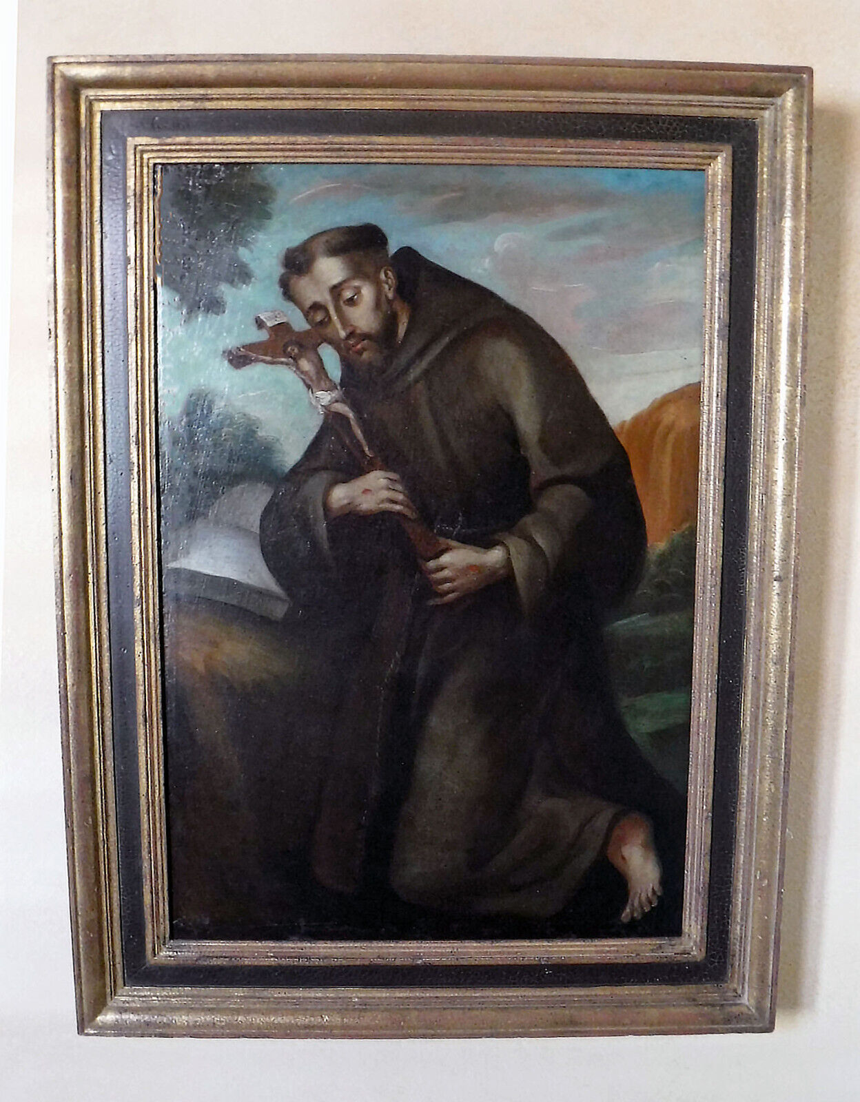 Antique 17th Century Saint Francis Italian Art Painting Religious Oil On Canvas