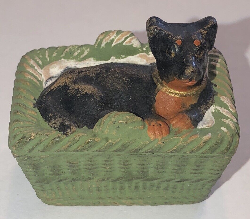 Vintage Miniature Bisque Dog In Basket Doberman Pincher Dollhouse Black Rust