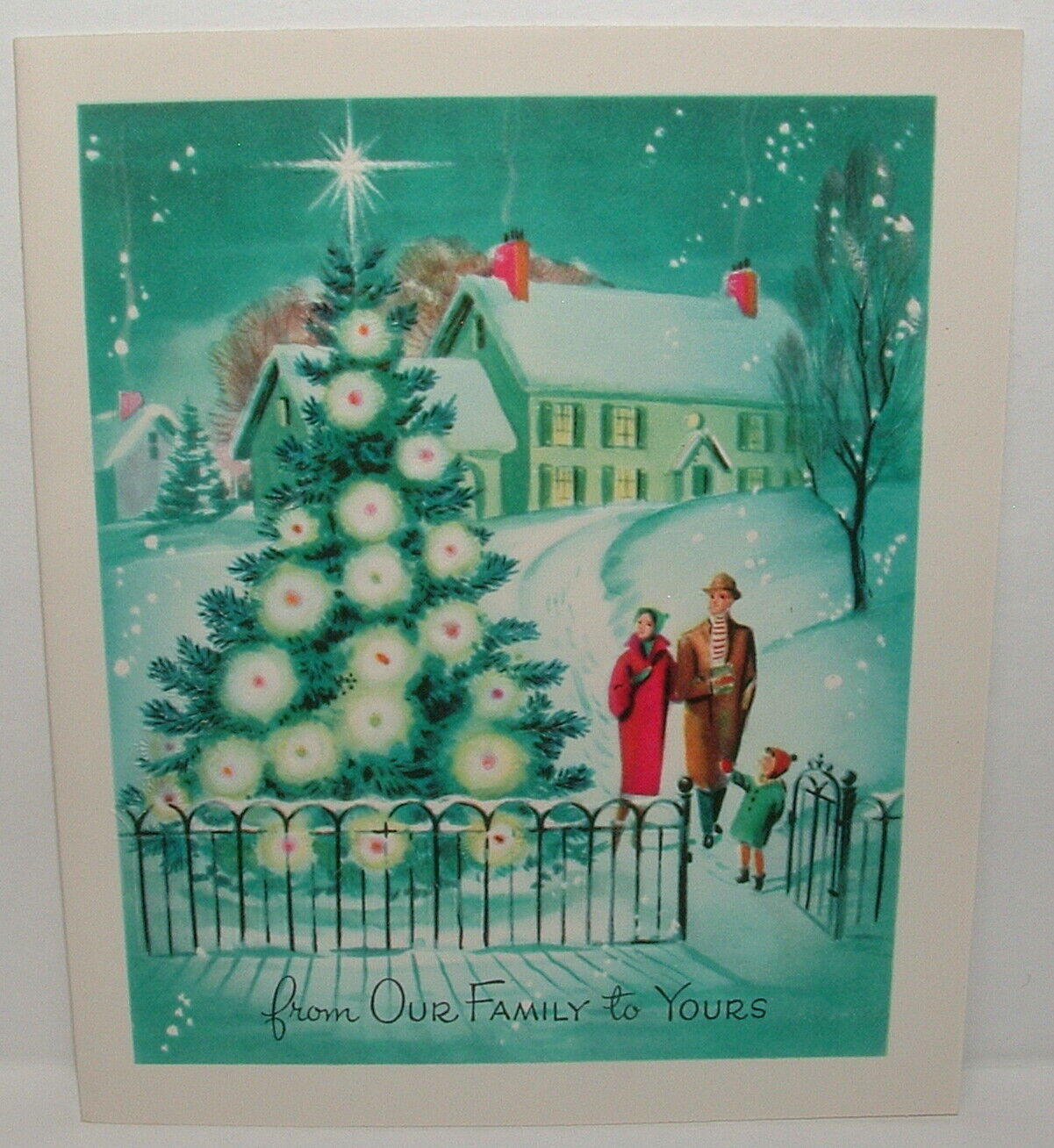 UNUSED - Young 1940\'s Family Admiring Tree - 1940\'s SUNSHINE Christmas Card