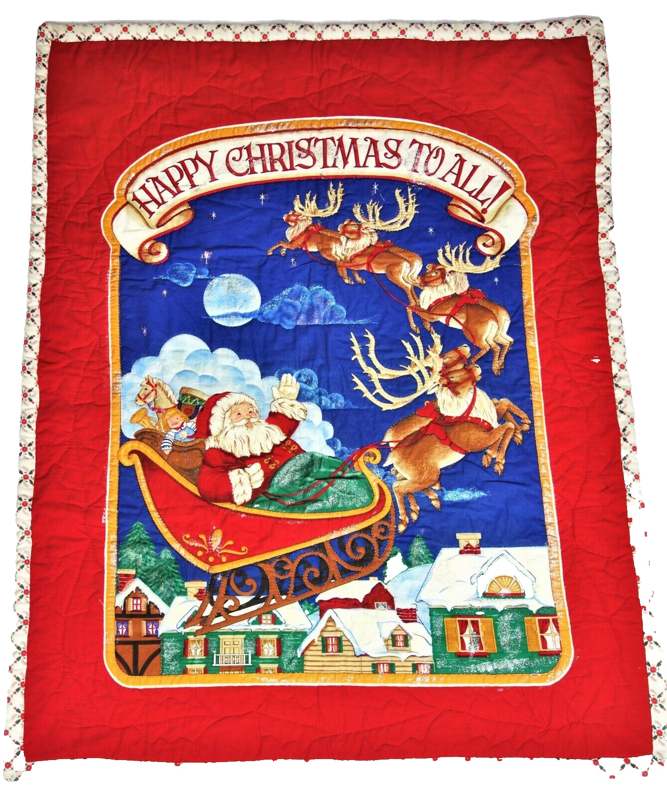 Happy Christmas to All Christmas Hanging Holiday Quilt Santa Sleigh Homemade ‌‌‌