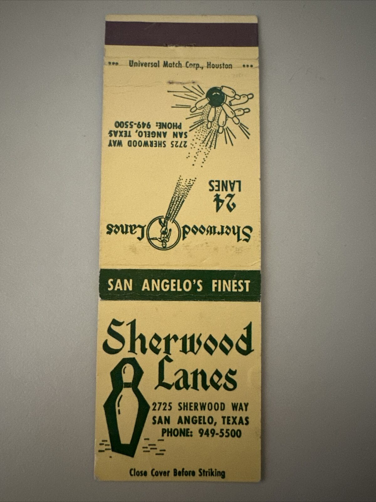 Vintage 1960s Sherwood Lanes Bowling Alley Matchbook Cover Texas Mid-Century 