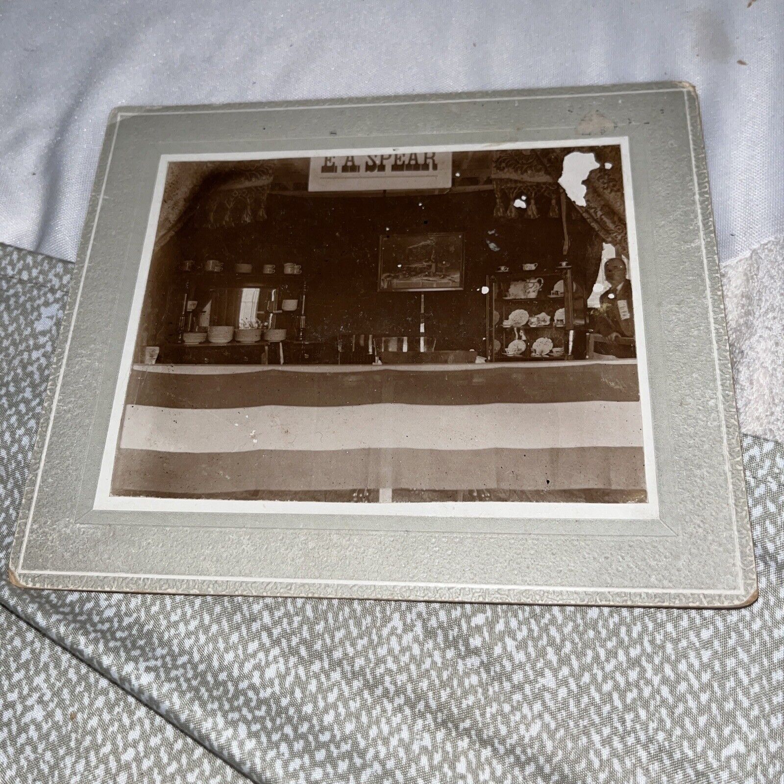 Antique Mounted Photo: E. A. Spear Exhibit Booth @ the Fair Selling Dishes China