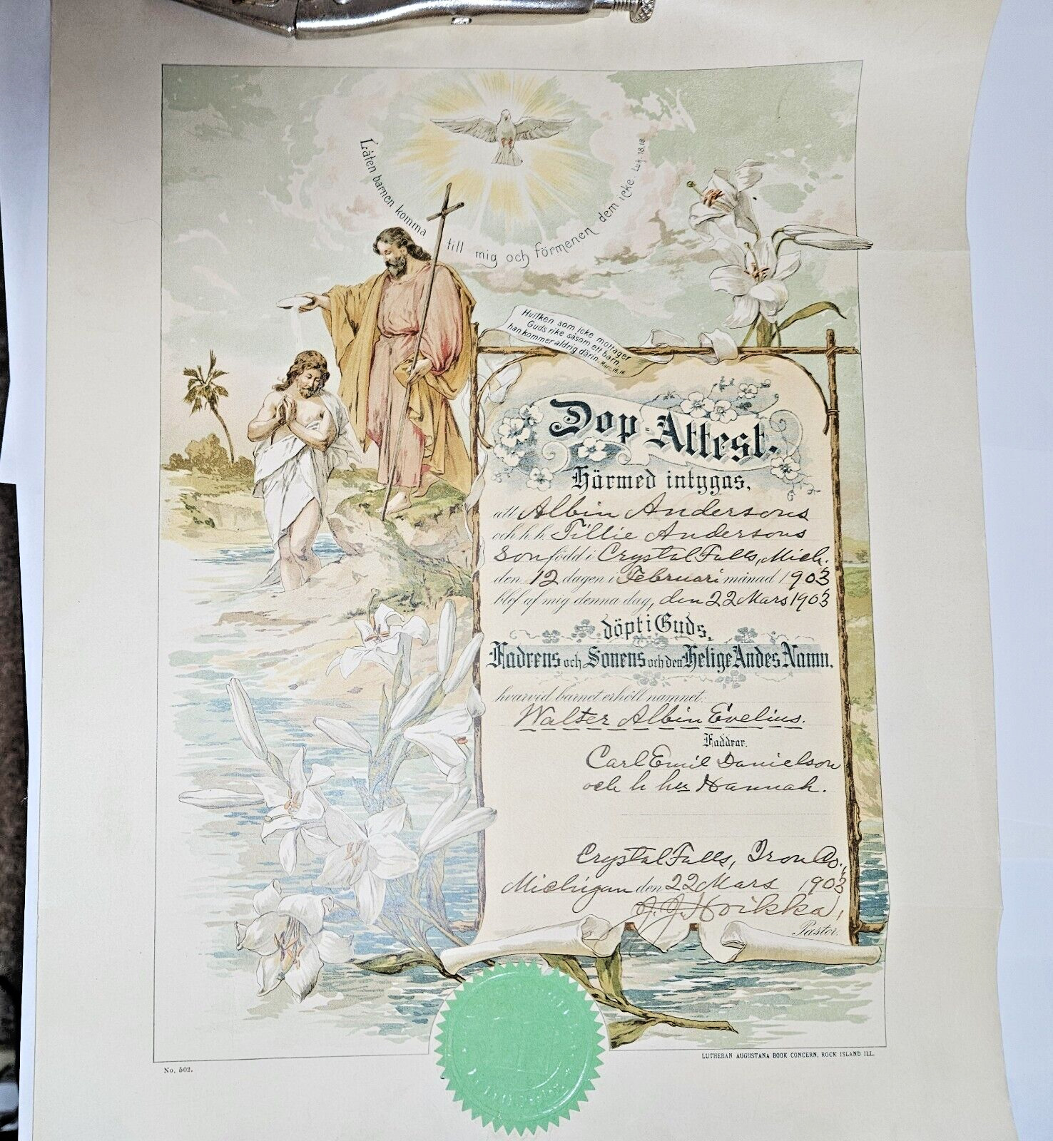 1903 Certificate Baptism Crystal Falls, Michigan Lutheran Church Swedish/English