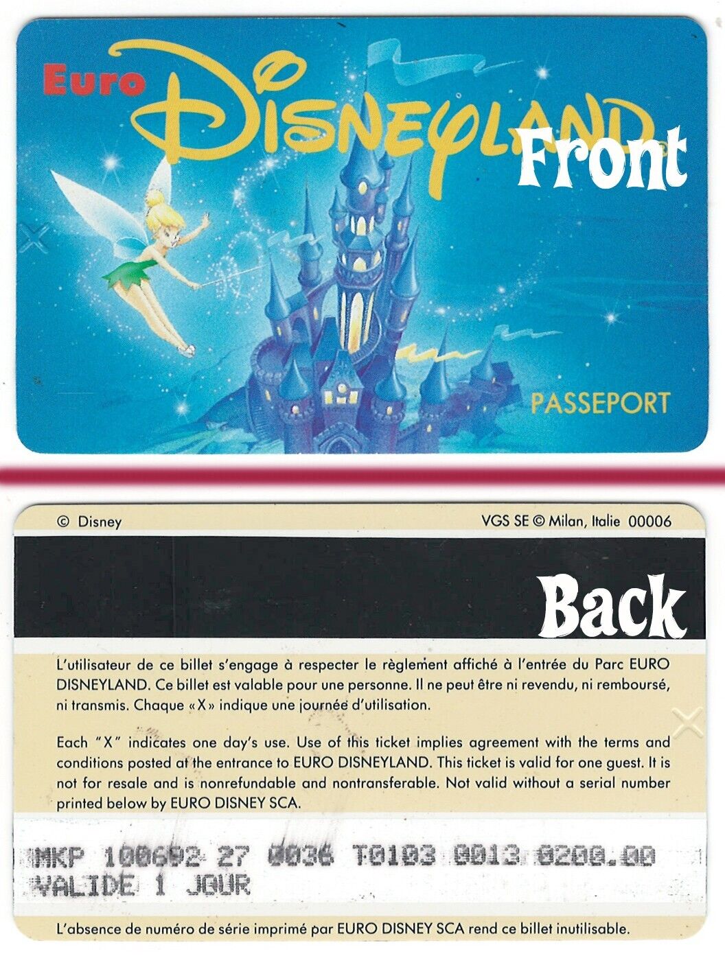 Vintage EuroDisneyland OPENING YEAR Used Passport Admission Ticket 1992