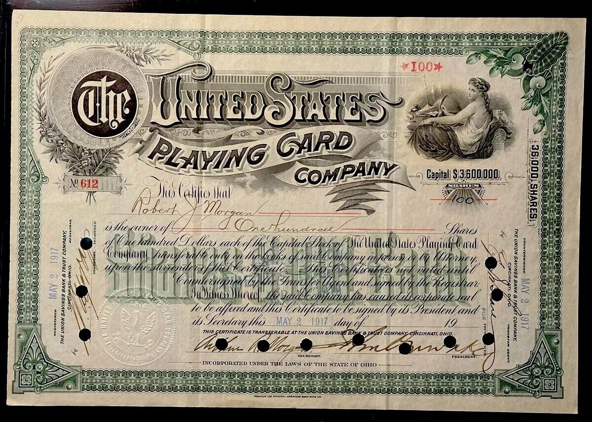 WW1 Era 1917 USPCC Playing Cards Stock Certificate Robert Morgan Signed Bond
