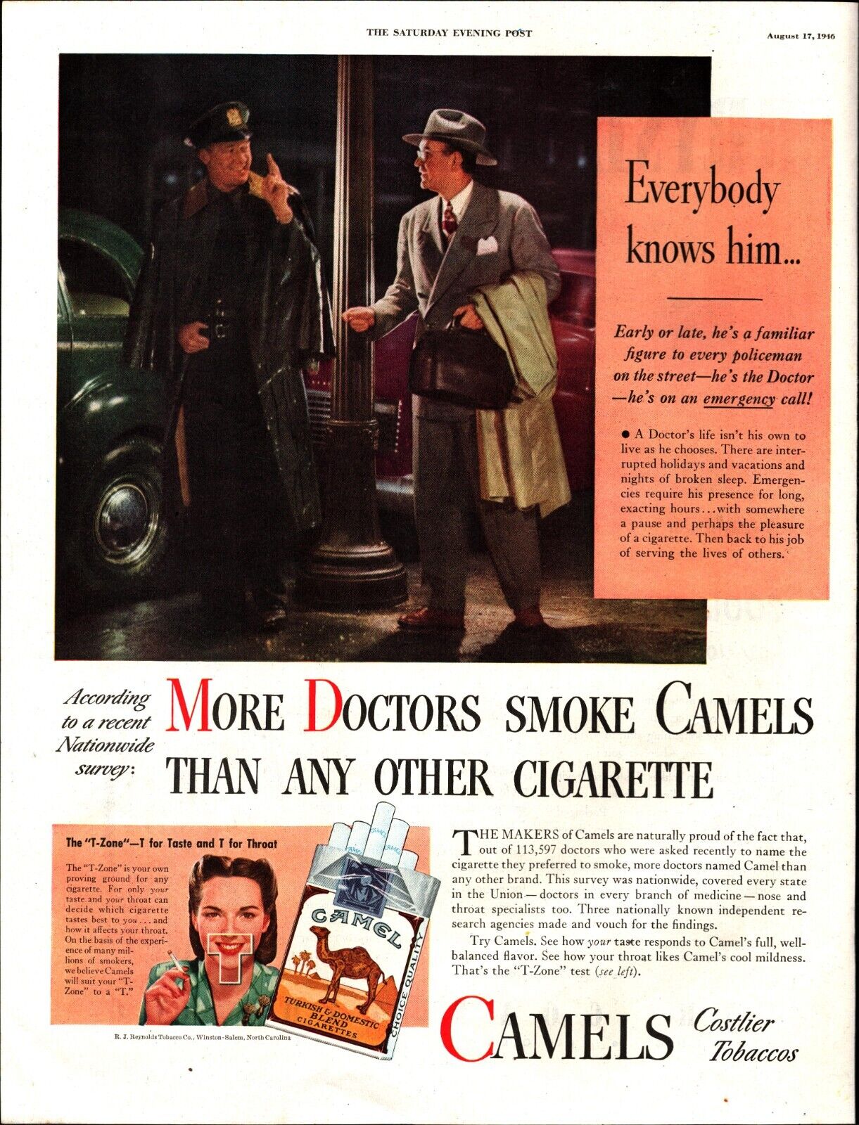 1946 Camel Cigarettes More Doctors Smoke Camels rainy Night Vintage Print Ad f1