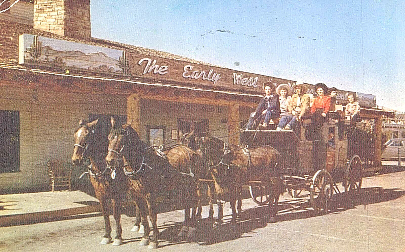 Postcard-Hotel Last Frontier guests departing for desert ride on stage coach,NV