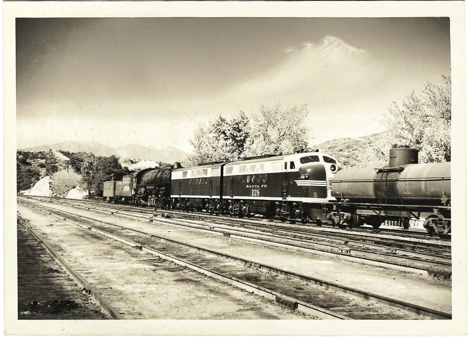 5x7 Vintage 1947 Photo ATSF Santa Fe Diesel Train #128 Pulled By Steamer #3896
