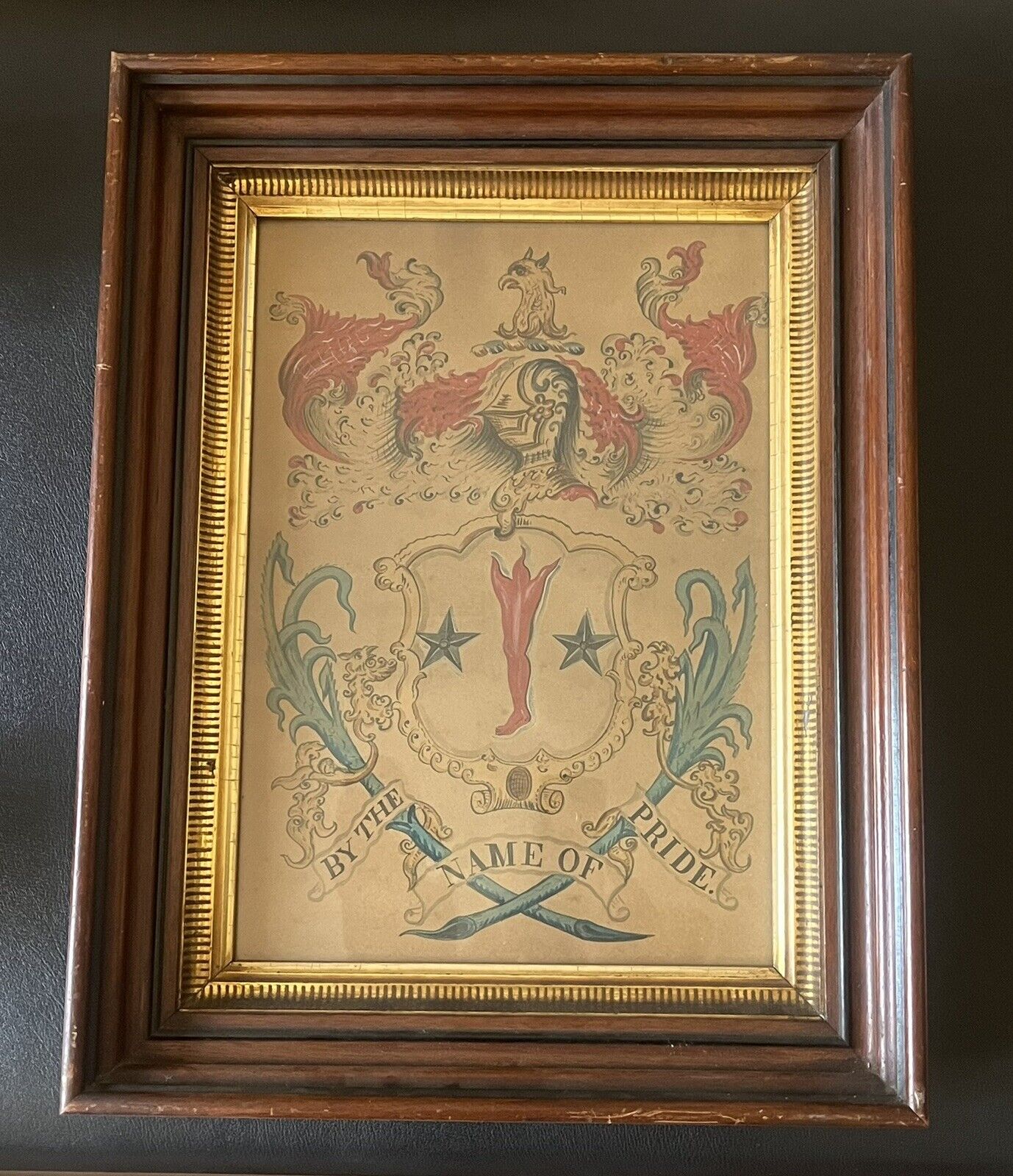 UNIQUE Antique Coat of Arms Crest Drawing “By The Name of Pride