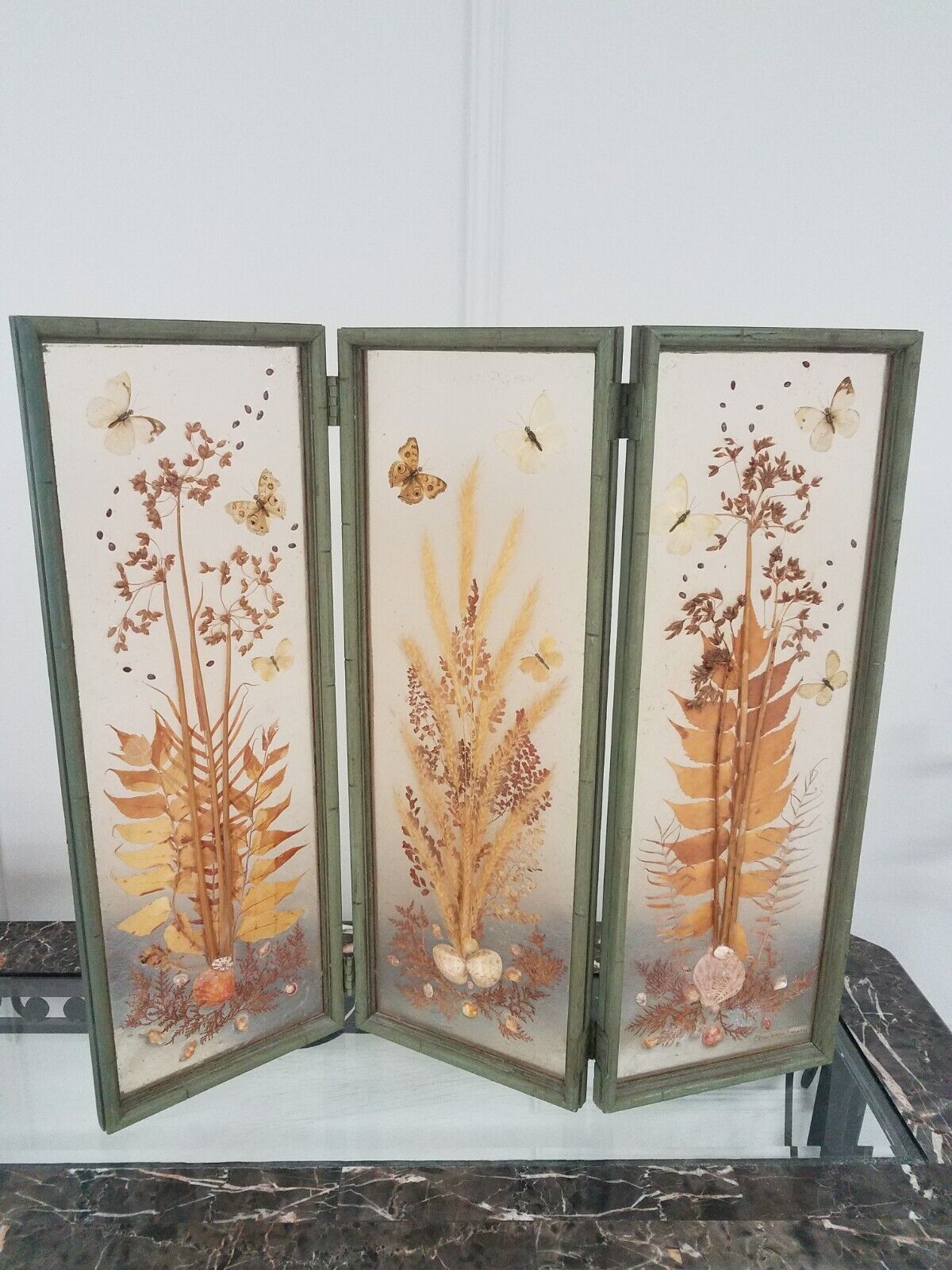 Vintage Pressed Resin  Butterflies Flowers Plants Signed Table Top Triptych 3D