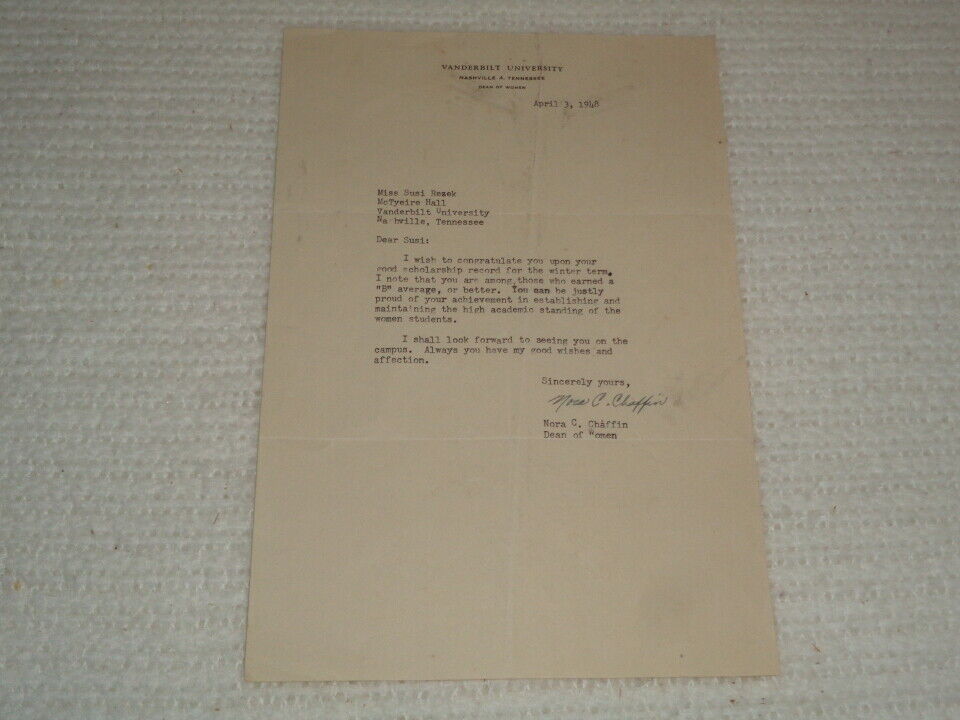 1948 Vanderbilt University Nora C. Chaffin Dean of Women Original Letter